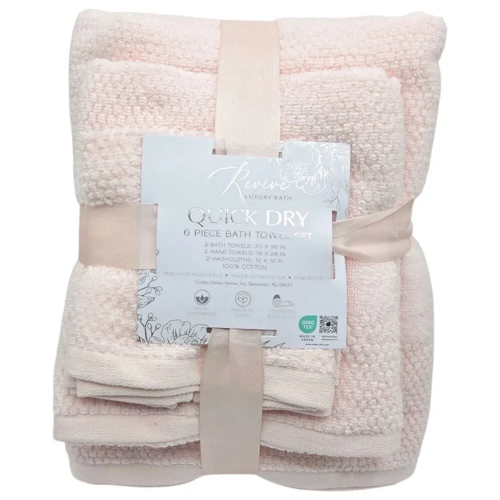 Revive Luxury Bath 6pc Pink Cotton Towel Set Zero Twist 2Bath 2Hand 2Washcloths‎
